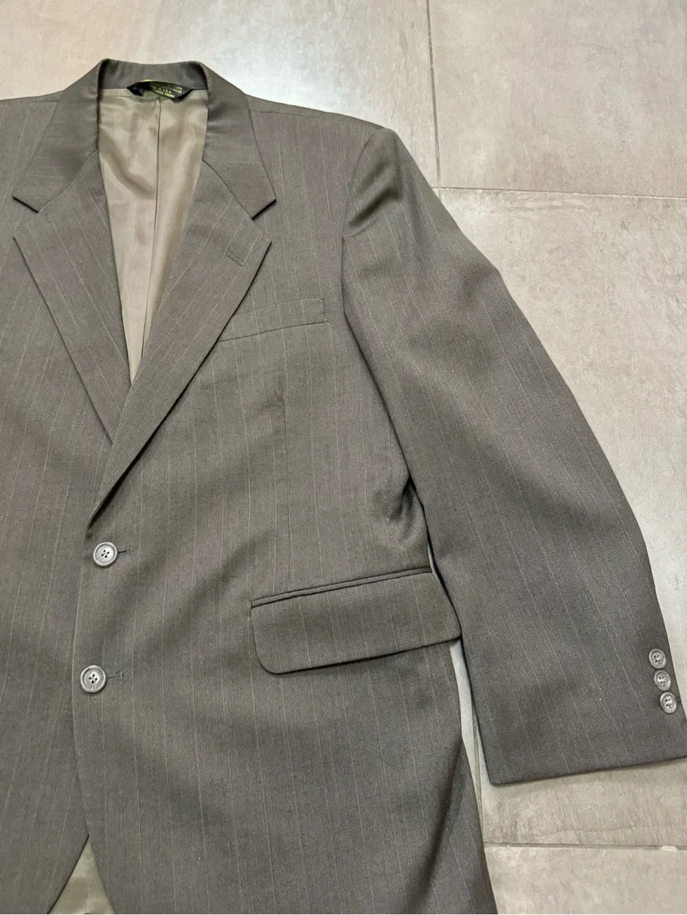 Vintage Pierre Balmain Wool Two-Piece Suit, Gray w/ Brown Pinstripes, Men’s M-L